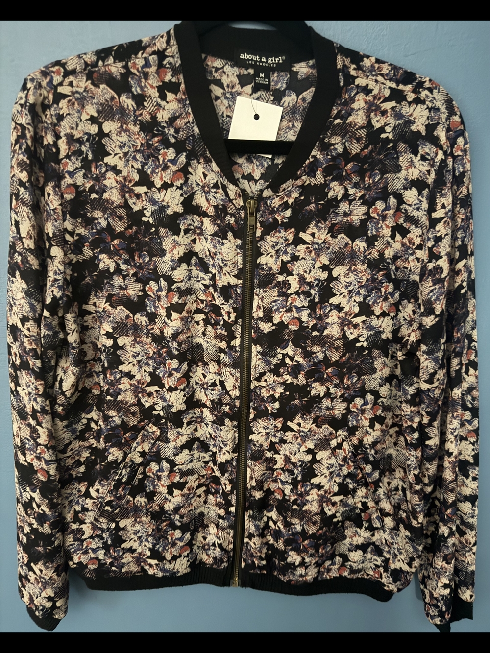 About A Girl Black Floral Bomber Jacket with Cream and Navy Accents
